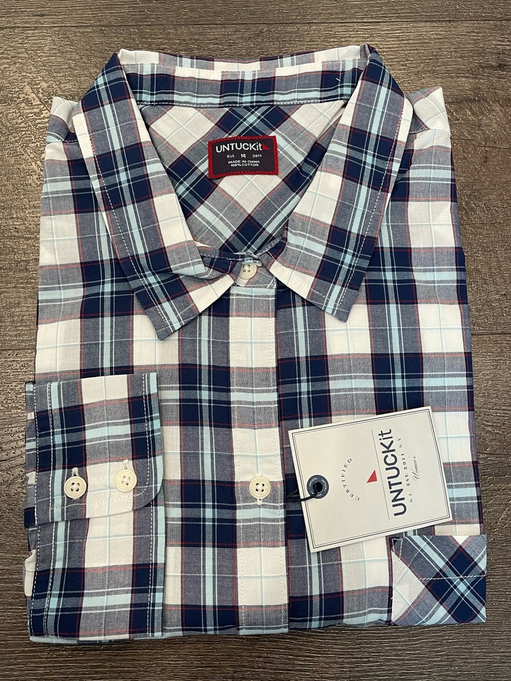 UNTUCKit Women’s Sorbo Navy & White Plaid Button-Down Shirt Size 14 Regular
